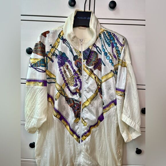 FOZY NY VINTAGE bomber cream purple 80s/90s Retro Windbreaker Track Jacket Zip M - Picture 4 of 17